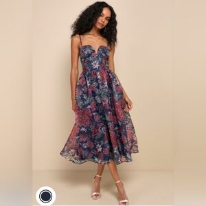 Lulu's Cherished Aura Navy Blue Floral Organza Bustier Midi Dress. Size XL. Nwot
